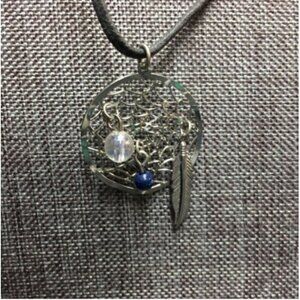 Dream Catcher Pendant Necklace 17 In Black Cord Wavy Silver Blue Iridescent